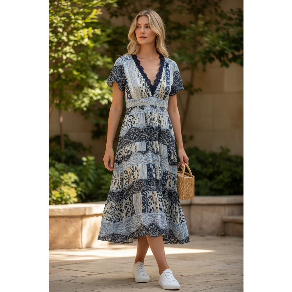 Anthropologie Foxiedox Boho Midi Dress Blue Patchwork Lace Cottagecore Romantic